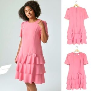 Leslie Fay Layered Ruffle Crepe Dress Satin Bow Vintage 80s Style knee Length